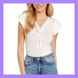 Dress Forum Tulip Sleeve, Cream Color, Ribbed V-Neck Bodysuit (Large)